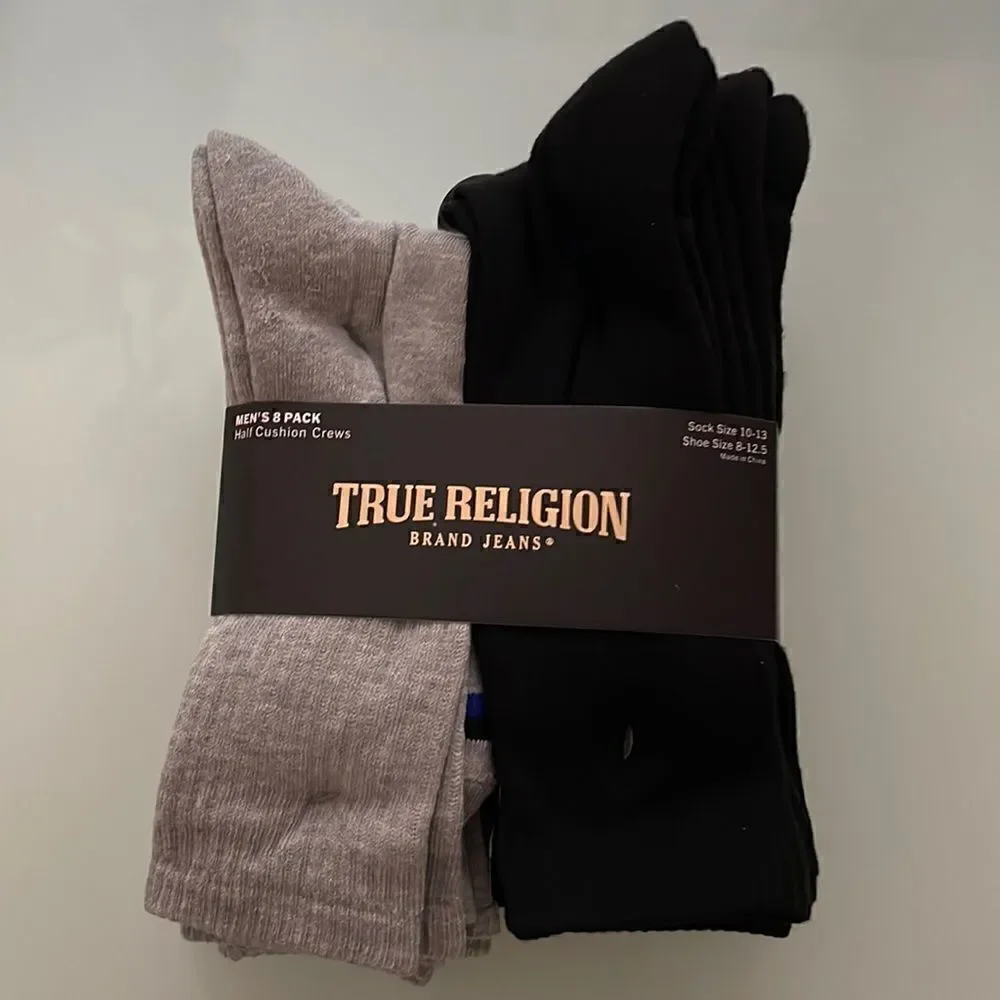 True Religion men’s 8 pack Half cushion crews 10-13 shoes size 8-12.5